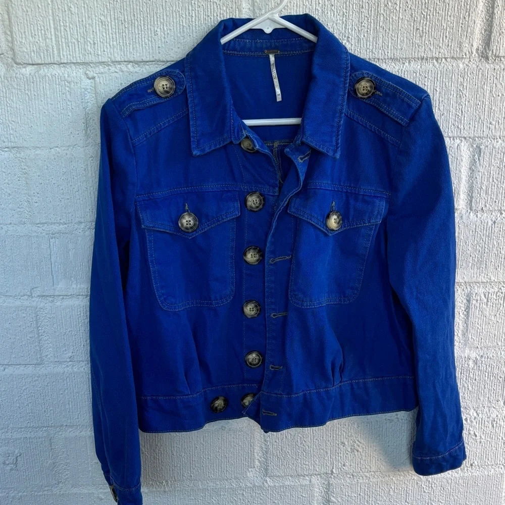 Free People Denim Cobalt Blue Cotton Jacket sz XS - Picture 3 of 8